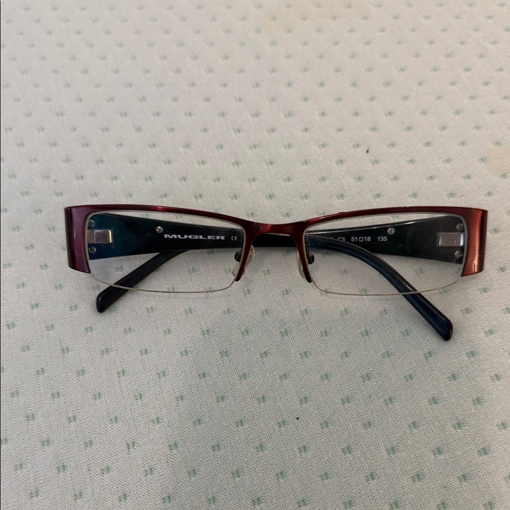 Mugler Burgundy and Black Semi-Rimless Rectangular Glasses